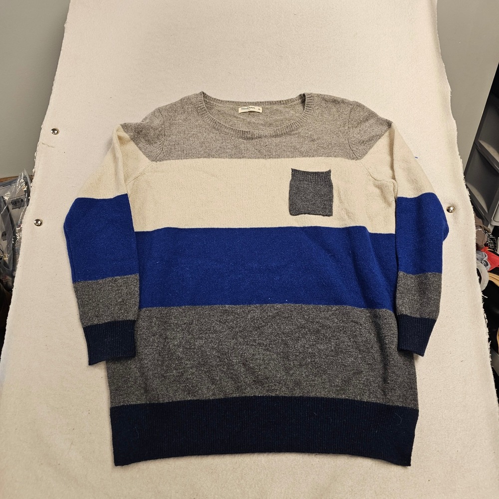 WoolOvers 100% Wool Colorblock Striped Crewneck Sweater Blue Grey XL